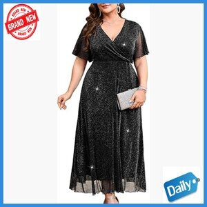 Plus Size Sparkly Maxi Dress V-Neck Wrap Ruffle Sleeve A-Line Glitter Gown